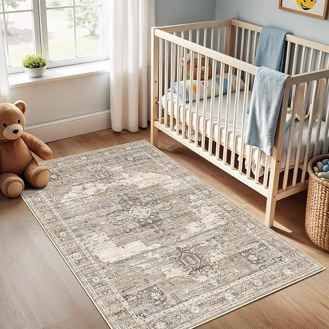 RUUGME Beige Washable Entry Rug : 3x4 Rugs for Entryway Kitchen Bathroom Indoor - Soft Stain Resistant Carpets Distressed Floor Decor Mat 3x4 Beige