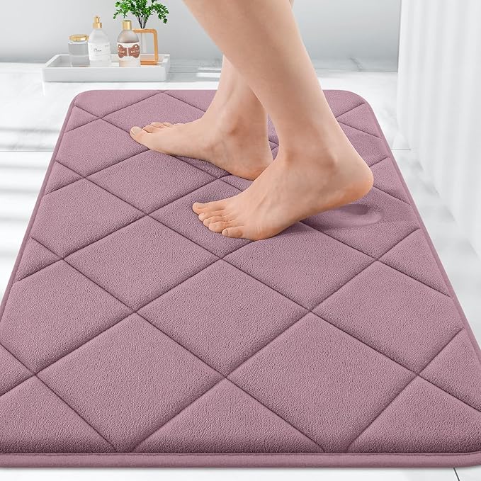 OLANLY Memory Foam Bath Mat 30x20, Ultra Soft and Absorbent Bathroom Rugs, Machine Washable, Comfortable Bath Carpet for Bathroom Floor, Tub and Shower, Deep Plum