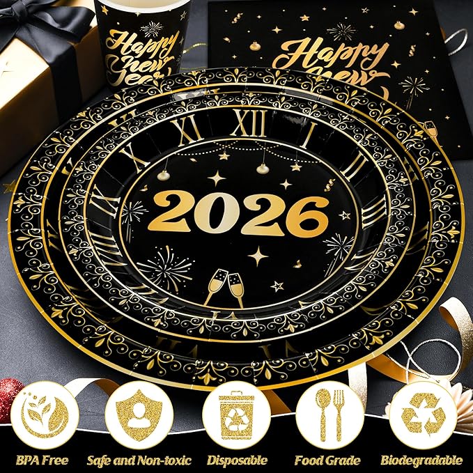 96 PCS New Years Eve Party Supplies, NYE Dinner Plates Dessert Plates Napkins Cups, Disposable New Year Plates and Napkins and Cups, Black Gold NYE Party Supplies 2026 NYE Decorations for 24 Guests