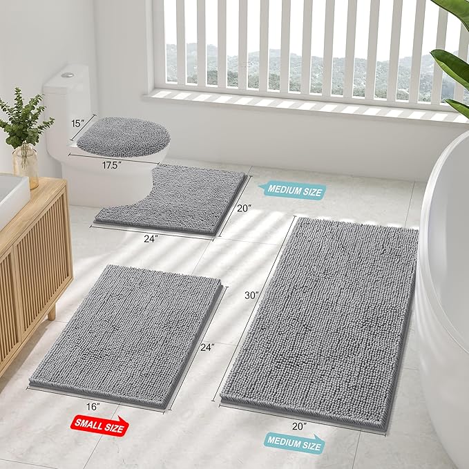 Smiry Luxury Chenille Bathroom Rugs 50x30, Extra Soft and Absorbent Shaggy Bath Mat, Machine Washable, Non-Slip Plush Carpet Runner for Tub, Shower, and Floor, Home Decor Accessories, Grey