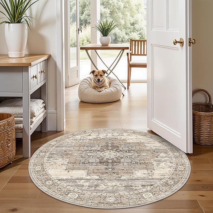 Living Room 4round Area Rugs - Boho Rugs for Living Room Stain Resistant Carpet Vintage Tribal Rugs for Bedroom Kitchen Bathroom with Non Slip Backing Home Decor Floor Decoration Mat 4ft Beige