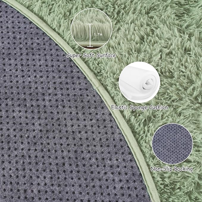Round Fluffy for Bedroom Rugs, 6Ft Sage Green Shag Circle Rug Non-Slip for Kids Girls Boys Bedroom Dorm Nursery Playroom, Soft Cute Area Rugs for Living Room Decor