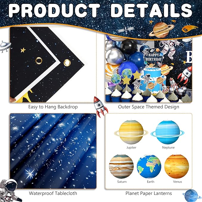 Outer Space Birthday Party Decorations Space Themed Party Supplies Planet Banner Backdrop Cake Topper Solar System Paper Lantern Galaxy Tablecloth Balloon Garland Kit for Space Astronaut Party Decor