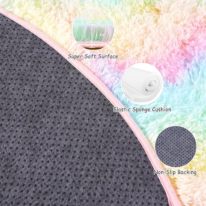 Round Fluffy Rugs 7Ft for Girls Bedroom, Rainbow Shag Circle Kids Rug Non-Slip for Bedside Dorm Nursery Playroom, Soft Cute Area Rugs for Living Room Decor