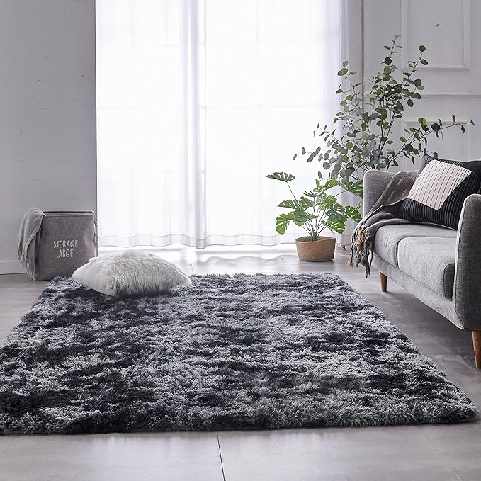 TABAYON Shag Area Rug, 5x7 Ft Tie-Dyed Dark Grey Upgrade Anti-Skid Durable Rectangular Cozy, High Pile Soft Throw Rug for Nursery Room Living Room