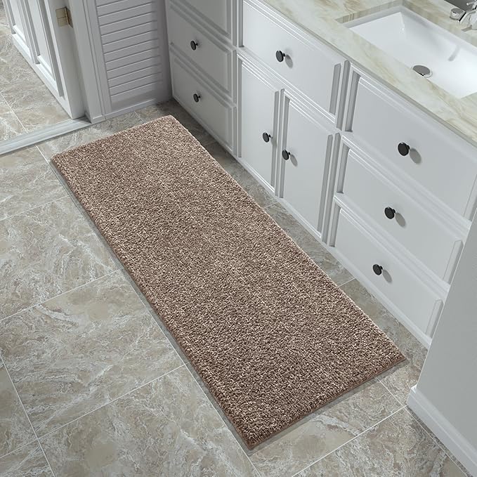 Yimobra Bathroom Runner Rug Non Slip Washable, Soft Absorbent Microfiber Long Bath Mat, Dual-Tone Decor Rug with Rubber Backing for Floor,Tub and Hallway,60x24,Home Essentials,Brown and White