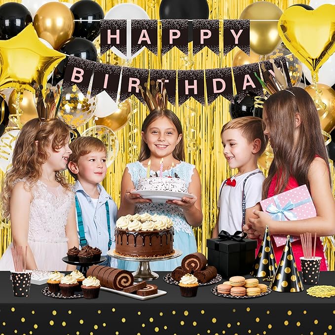 140 Pcs Black And Gold Birthday Decorations For Men And Women,Balloon,Happy Birthday Banner,Fringe Curtains,Cake Topper,Plates,Cups, For 25 Guests