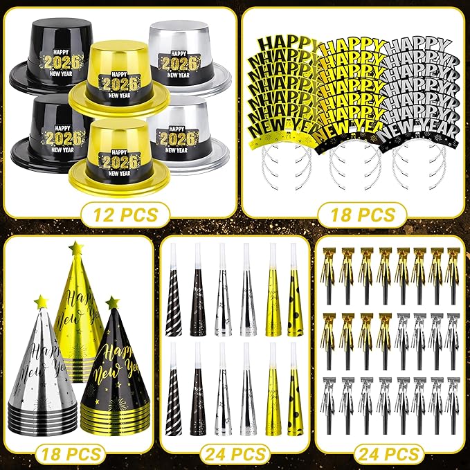 96PCS Party Supplies - New Years Headbands, Hats & Noisemakers for 48 People - Plastic Party Favors, Cone Hats, Horns