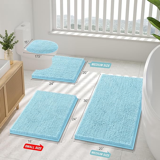 Smiry Luxury Chenille Bathroom Rugs 59x24, Extra Soft and Absorbent Shaggy Bath Mat, Machine Washable, Non-Slip Plush Carpet Runner for Tub, Shower, and Floor, Home Decor Accessories, Sky Blue
