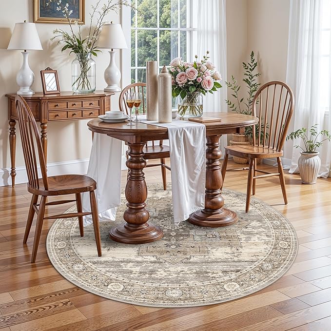 Living Room 4round Area Rugs - Boho Rugs for Living Room Stain Resistant Carpet Vintage Tribal Rugs for Bedroom Kitchen Bathroom with Non Slip Backing Home Decor Floor Decoration Mat 4ft Beige