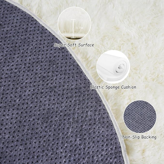 Round Fluffy Rugs 5Ft for Girls Bedroom, Cream White Shag Circle Kids Rug Non-Slip for Bedside Dorm Nursery Playroom, Soft Cute Area Rugs for Living Room Decor