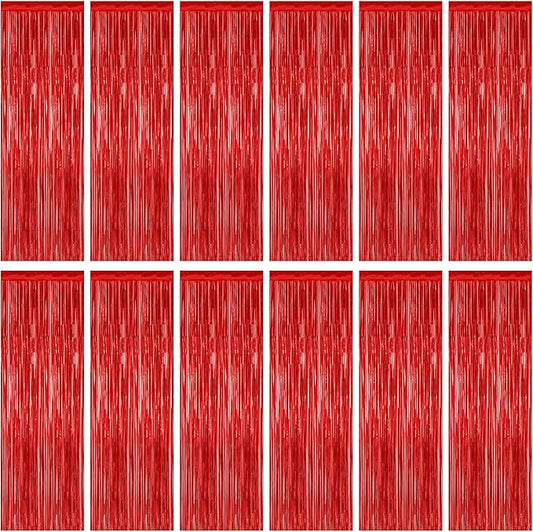 12 Pack Red Curtains, 3.28 FT x 7.05 FT Party Streamer, Metallic Party Backdrop Valentines Day Streamer Foil Curtains, Fringe Tinsel for Red Party Decor Casino Theme Decorations Party Supplies