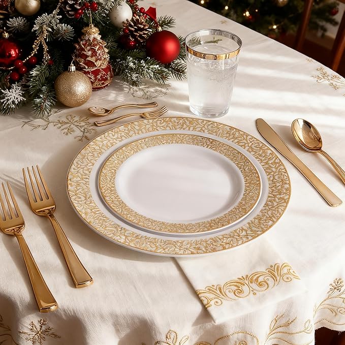 WDF 150PCS Gold Plastic Plates Set Christmas Plastic Plates 25Guests Gold Disposable Dinnerware Sets for Christmas