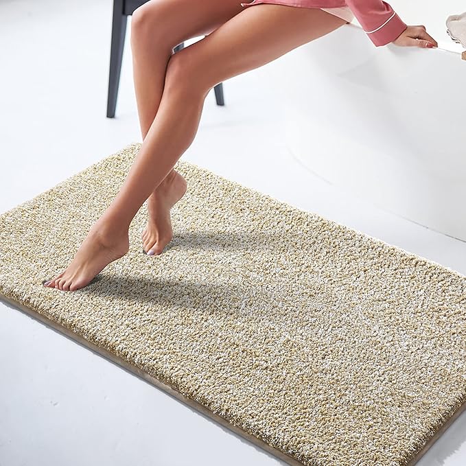 Yimobra Long Bathroom Rug Non Slip Washable, Soft Absorbent Microfiber Bath Mat, Dual-Tone Decor Rug with Rubber Backing for Bathroom Floor,Tub and Shower,47x24,Home Essentials,Light Beige and White