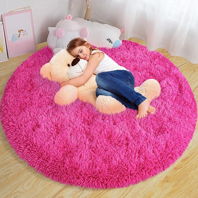 Round Fluffy Rugs 5Ft for Girls Bedroom, Hot Pink Shag Circle Kids Rug Non-Slip for Bedside Dorm Nursery Playroom, Soft Cute Area Rugs for Living Room Decor