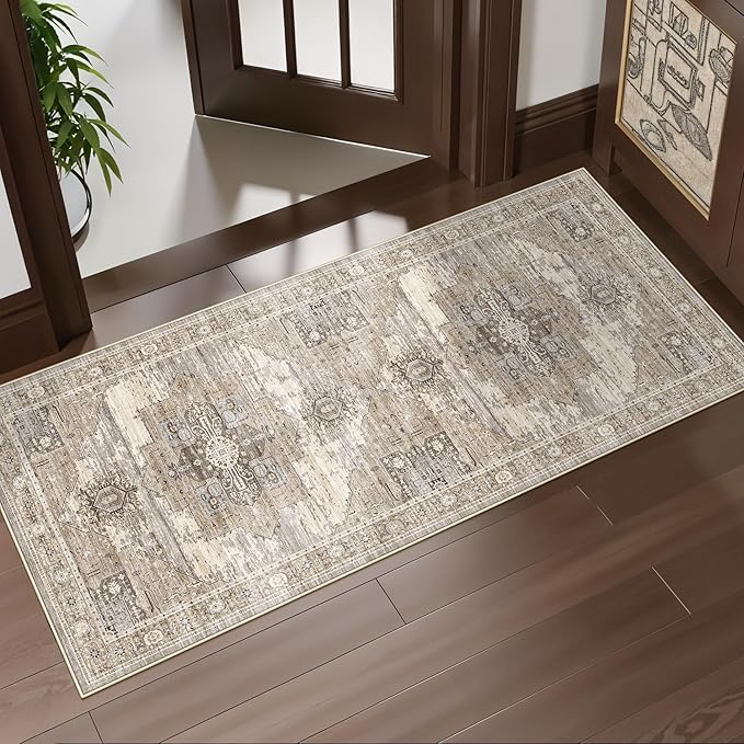 RUUGME Beige 2x4 Runner Rug - Soft Ultra Thin Easy to Clean Runner for Housewife Aged 35-44 - Perfect for Entryway/Hallway/Kitchen/Balcony Vintage Boho Rug 2x4 Beige