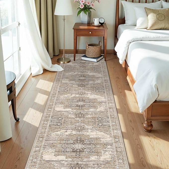 RUUGME Washable 2x10 Runner Rug - Long Boho Rugs for Kitchen Hallway Entryway Low Pile Stain Resistant Carpet with Non Slip Backing Indoor Vintage Home Decor Floor Mat for Bedroom Bathroom 2X10 Beige