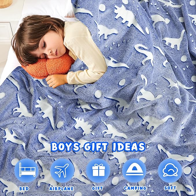 inhand Dinosaur Toys for Kids Glow in The Dark Dinosaur Blanket Christmas Birthday Valentine's Day Easter Party Decorations Favors,2 3 4 5 6 7 8 9 10 Year Old Boy Gifts Soft Blanket（50"X60" Blue Dino