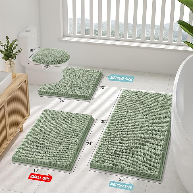 Smiry Luxury Chenille Bathroom Rugs 48x32, Extra Soft and Absorbent Shaggy Bath Mat, Machine Washable, Non-Slip Plush Carpet Runner for Tub, Shower, and Floor, Home Decor Accessories, Sage Green