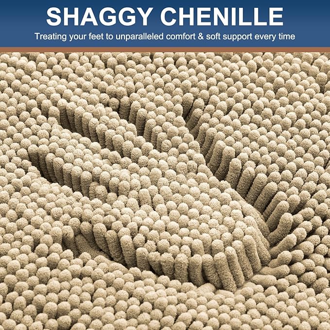 Smiry Luxury Chenille Bathroom Rugs 59x35, Extra Soft and Absorbent Shaggy Bath Mat, Machine Washable, Non-Slip Plush Carpet Runner for Tub, Shower, and Floor, Home Decor Accessories, Beige
