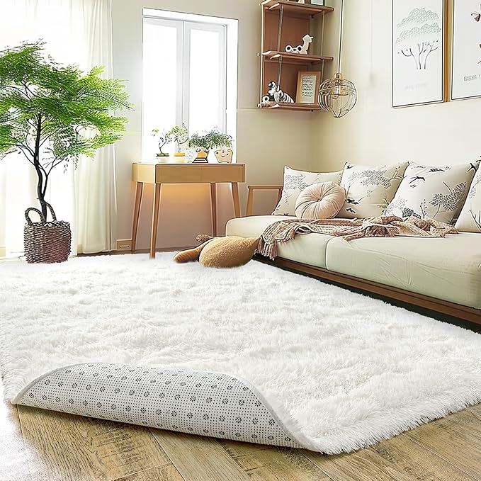 Ultra Fluffy Area Rugs for Living Room Bedroom, 6x9 Fuzzy Large Living Room Rugs, Thick Shag Rug for Dorm, Soft Non Slip Kids Girls Boys Rug for Home Decor Aesthetic, Cream White