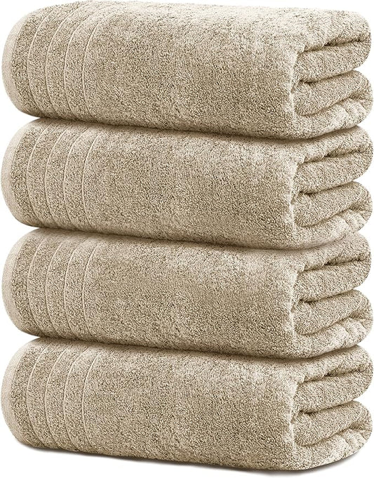 Tens Towels Pack of 4 Extra Large Bath Towels 30 x 60 Inches, 100% Cotton, Larger & Lighter Weight, Quicker to Dry, Super Soft and Absorbent, Perfect for Bathroom, Beige
