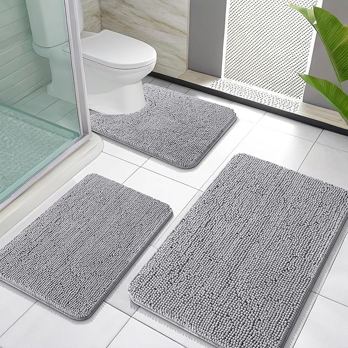 OLANLY Bathroom Rugs Sets 3 Piece, Soft Absorbent Chenille Bath Mats and U-Shaped Contour Toilet Rug, Quick Dry, Home Decor Accessories, Bath Mat Set for Bathroom (30"x20"+24"x16"+24"x20", Grey)