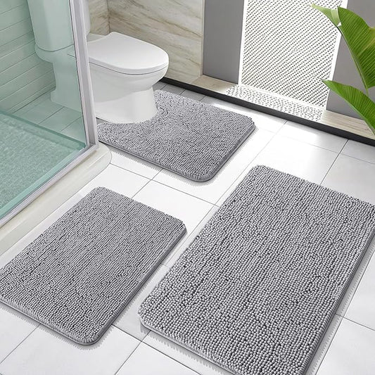 OLANLY Bathroom Rugs Sets 3 Piece, Soft Absorbent Chenille Bath Mats and U-Shaped Contour Toilet Rug, Quick Dry, Home Decor Accessories, Bath Mat Set for Bathroom (30"x20"+24"x16"+24"x20", Grey)