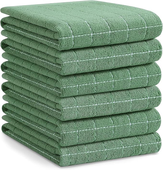 Homaxy 100% Cotton Terry Kitchen Towels(Grass Green, 20 x 28 inches), Checkered Designed, Soft and Super Absorbent Dish Towels, Large 6 Pack