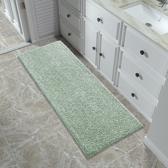 Yimobra Bathroom Runner Rug Non Slip Washable, Soft Absorbent Microfiber Long Bath Mat, Dual-Tone Decor Rug with Rubber Backing for Floor,Tub and Hallway,60x24,Home Essentials,Green and White
