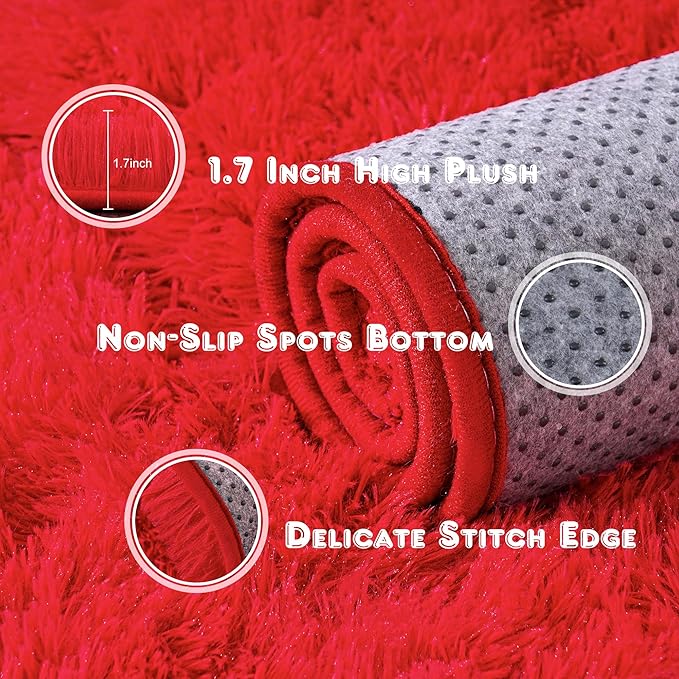 Super Fluffy Rug for Bedroom, 4x6 Shag Fuzzy Area Rug for Living Room Bedroom, Plush Soft Carpet for Girls Boys Kids, Non Slip Throw Rugs for Dorm, Modern Home Decor Aesthetic, Red
