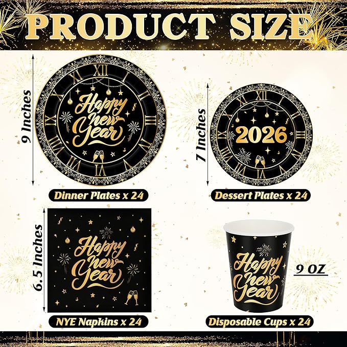 96 PCS New Years Eve Party Supplies, NYE Dinner Plates Dessert Plates Napkins Cups, Disposable New Year Plates and Napkins and Cups, Black Gold NYE Party Supplies 2026 NYE Decorations for 24 Guests