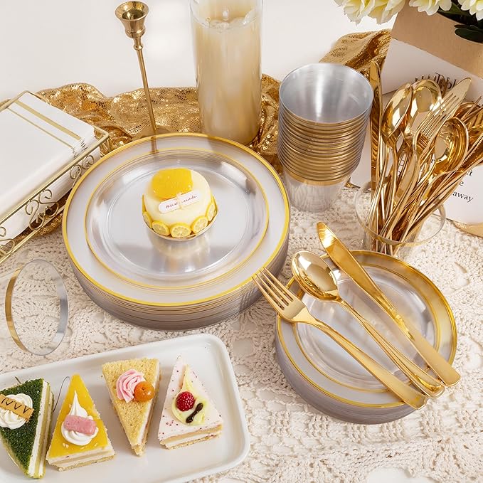 GATHER 350PCS Clear Gold Plastic Plates - Disposable Gold Dinnerware Sets Includes 100 Gold Rim Plastic Plates, 150 Silverware, 50 Napkins, 50 Cups for Party, Wedding & Christmas
