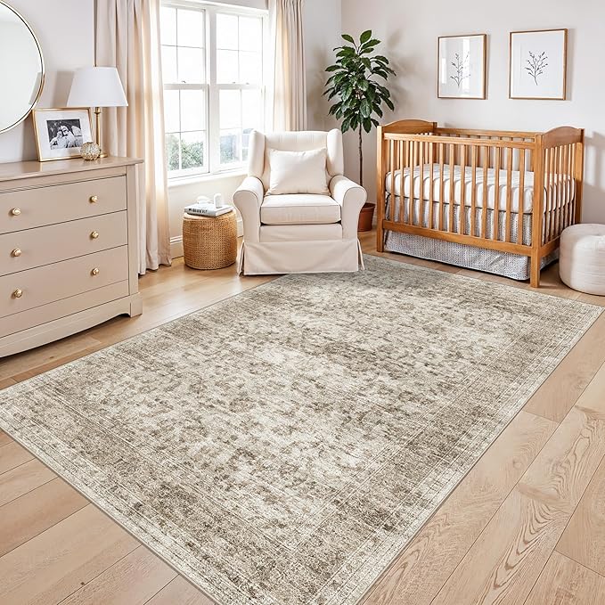 5X7 Area Rugs for Living Room, Washable Non Slip Vintage Rugs, Low Pile Soft rug for Dorm/Classroom/College Room Easy Clean & Stain Resistant Home Daily Use for College Students 5x7 Beige Brown