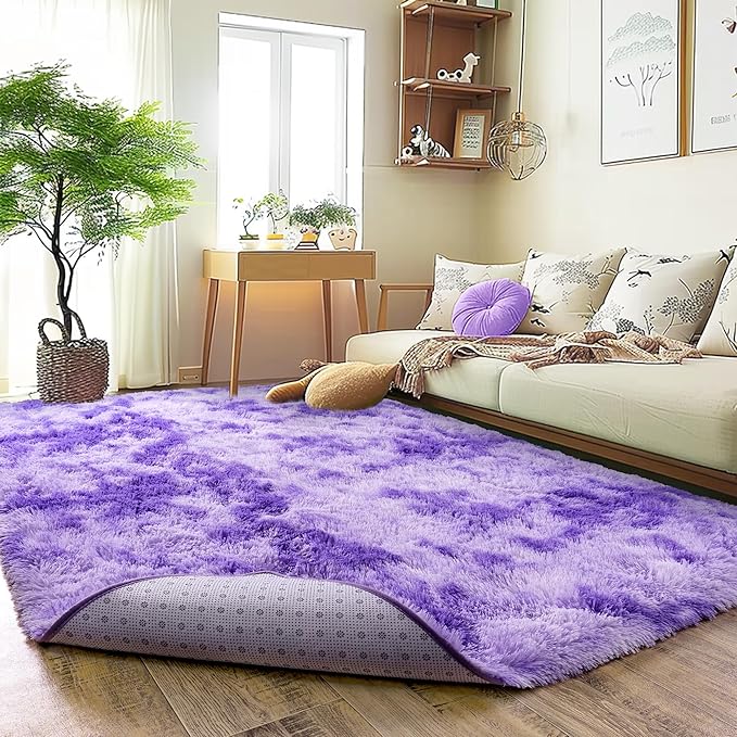 Ultra Fluffy Rug for Living Room Bedroom, 5x7 Fuzzy Large Area Rug for Living Room, Plush Soft Shag Carpet for Girl Boy Kids, Non Slip Rug Modern Indoor Home Decor Aesthetic, Tie-Dyed Purple