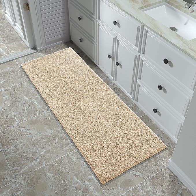Yimobra Bathroom Runner Rug Non Slip Washable, Soft Absorbent Microfiber Long Bath Mat, Dual-Tone Decor Rug with Rubber Backing for Floor,Tub and Hallway,60x24,Home Essentials,Light Beige and White