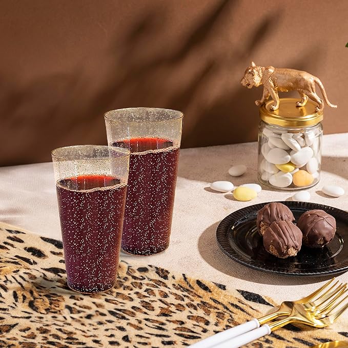 R-kay 16 oz Gold Glitter Plastic Cups For Party - 100 Pack Gold PLastic Cups - Hard Disposable Cups - Premium Heavy Duty Gold Cups - Disposable Cocktail Glasses - Party Cups (16 OZ)