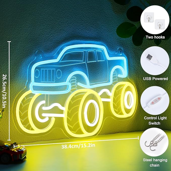 YuanDian Monster Truck Neon Sign, Neon Lights for Bedroom Gamer Room Wall Decor, Gift Ideas for Teen Boys Nephew Son Grandson
