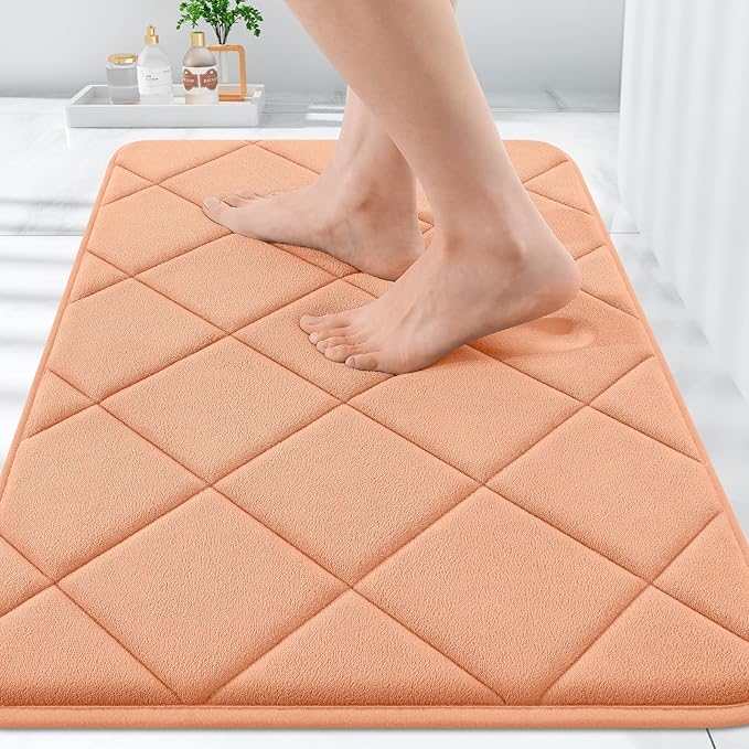 OLANLY Memory Foam Bath Mat 30x20, Ultra Soft and Absorbent Bathroom Rugs, Machine Washable, Comfortable Bath Carpet for Bathroom Floor, Tub and Shower, Peach