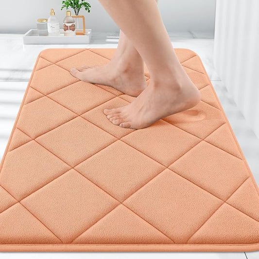 OLANLY Memory Foam Bath Mat 30x20, Ultra Soft and Absorbent Bathroom Rugs, Machine Washable, Comfortable Bath Carpet for Bathroom Floor, Tub and Shower, Peach