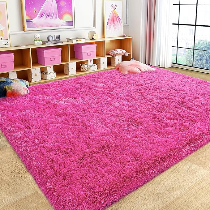 8x10 Large Area Rugs for Living Room, Ultra Fluffy Shag Rug for Bedroom, Modern Plush Soft Carpet for Girls Boys Kids Room Dorm Fuzzy Non Slip Rug for Home Decor Aesthetic, Hot Pink