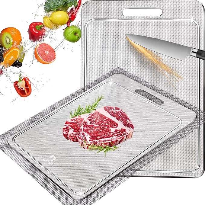100% Pure Titanium Cutting Board with Groove, Scratch Resistant Chopping Board with Non-slip Pad for Kitchen, Titanium Cutting Boards for Vegetables and Meat, Dishwasher safe 8 * 12 IN