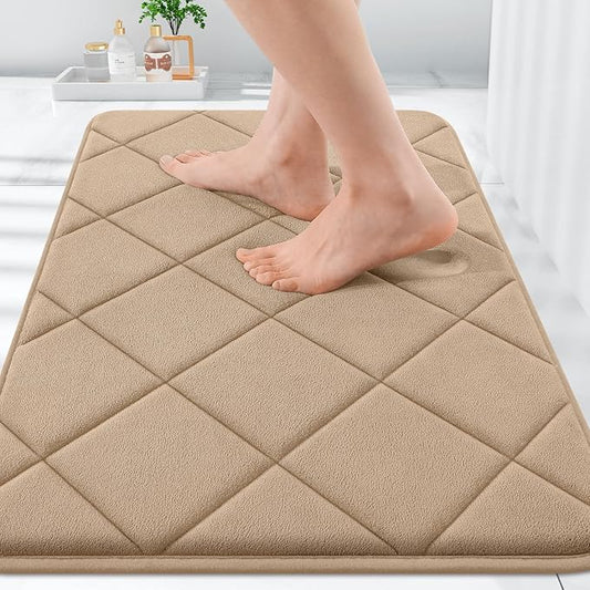 OLANLY Memory Foam Bath Mat 30x20, Ultra Soft and Absorbent Bathroom Rugs, Machine Washable, Comfortable Bath Carpet for Bathroom Floor, Tub and Shower, Tan