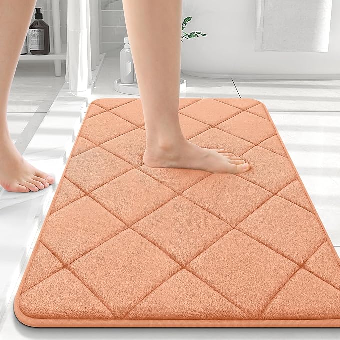 OLANLY Memory Foam Bath Mat 36x24, Ultra Soft and Absorbent Bathroom Rugs, Machine Washable, Comfortable Bath Carpet for Bathroom Floor, Tub and Shower, Peach