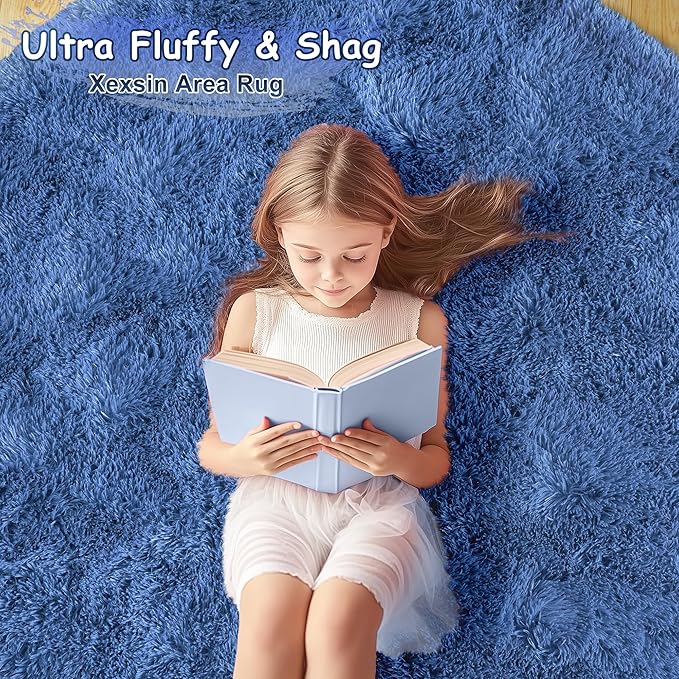 Round Fluffy for Bedroom Rugs, 6Ft Navy Blue Shag Circle Rug Non-Slip for Kids Girls Boys Bedroom Dorm Nursery Playroom, Soft Cute Area Rugs for Living Room Decor