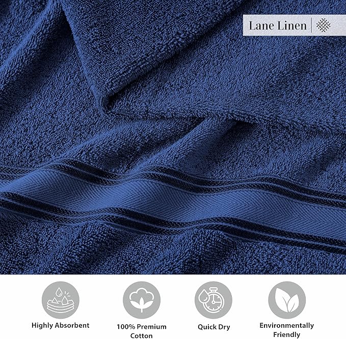 LANE LINEN 100% Mercerized Cotton Towels Set 12 – Zero Twist, 4 Bath Towels, 4 Hand Towel & 4 Washcloths, Stays Plush After Washes, Ideal for Spa, Hotel & Family Bathrooms, Highly Absorbent – Navy