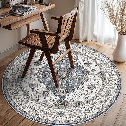Living Room 4round Area Rugs - Boho Rugs for Living Room Stain Resistant Carpet Vintage Tribal Rugs for Bedroom Kitchen Bathroom with Non Slip Backing Home Decor Floor Decoration Mat 4ft Navy
